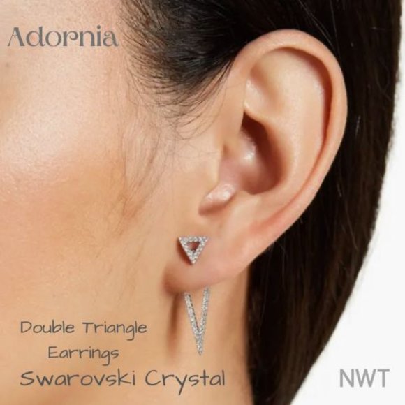 Adornia White Rhodium Plated Swarovski Crystal Double Triangle Post Earrings NWT - Picture 1 of 2